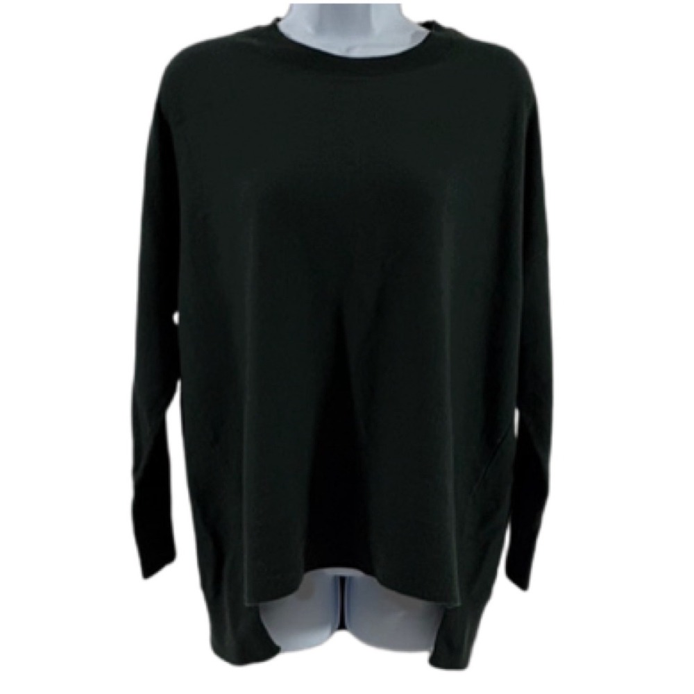 Eileen Fisher M/L Dk Green Merino Wool Boxy Crew Neck High Low Side Slit Sweater